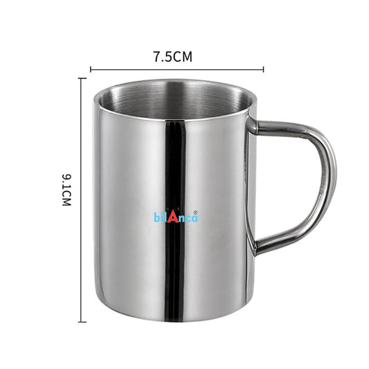 Stainless Steel Cup Saucer Plate Spoon Set for Tea Coffee Heat Resistant | Double Wall | Tea Milk Cold Outside Hot Inside (2 Big Cup DOUBLEWALL)