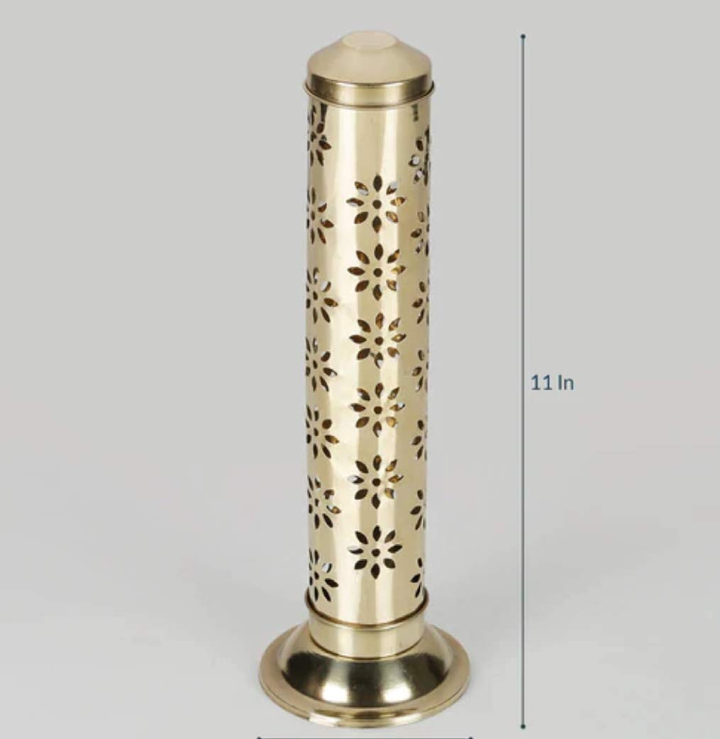 HIYA Brass Safety Incense Agarbatti Holder OM Aum Stand with Ash Catcher Size: 28 X 9 X 9 cm | Material: Brass (Thin Sheet) | Spiritual Lucky Yoga Decor