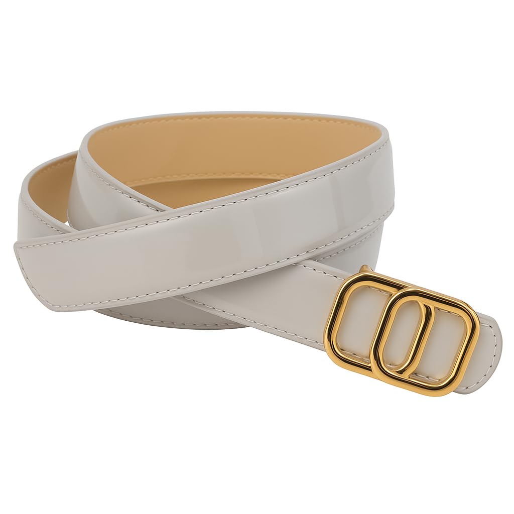 Women's Faux Leather Belt with Gold and Silver Designer Buckle, Slim Waist Belt, Fashion Accessory for Jeans and Dresses, 3cm Width, 42 Inch Lenghth