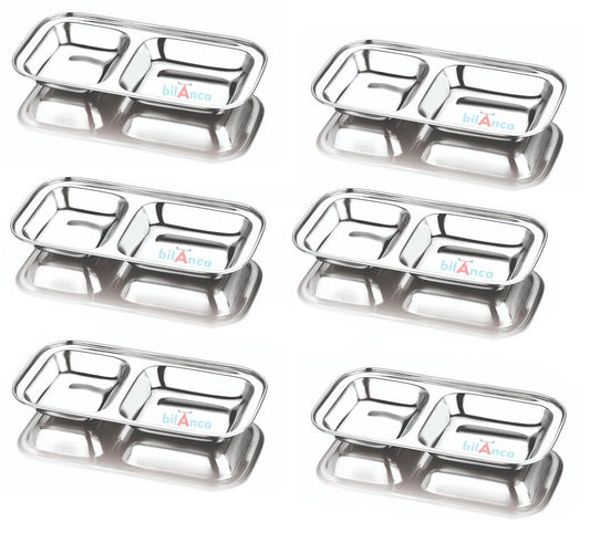 Stainless Steel Dinner Compartment Plate Partition Thali Heavy Duty | 2 Sections Mess Trays | Camping | Events | Pav Bhaji Plate | 9" / 5" Inch (2 PARTITION_6 THALI)