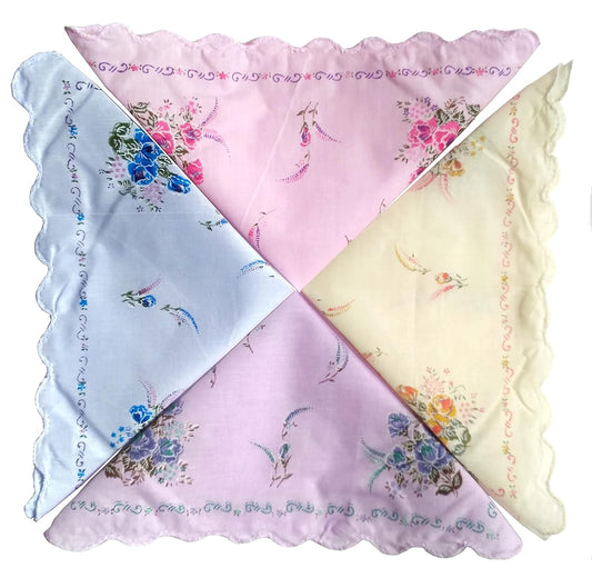 12 Pieces Large Size 13 x 13 inches Soft Pure 100% Cotton Flower Printed White Hankies Women Ladies Girls Lady Handkerchief | Random Design