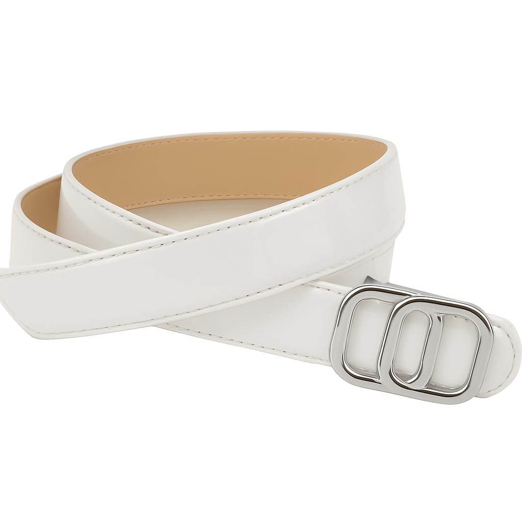 Women's Faux Leather Belt with Gold and Silver Designer Buckle, Slim Waist Belt, Fashion Accessory for Jeans and Dresses, 3cm Width, 42 Inch Lenghth