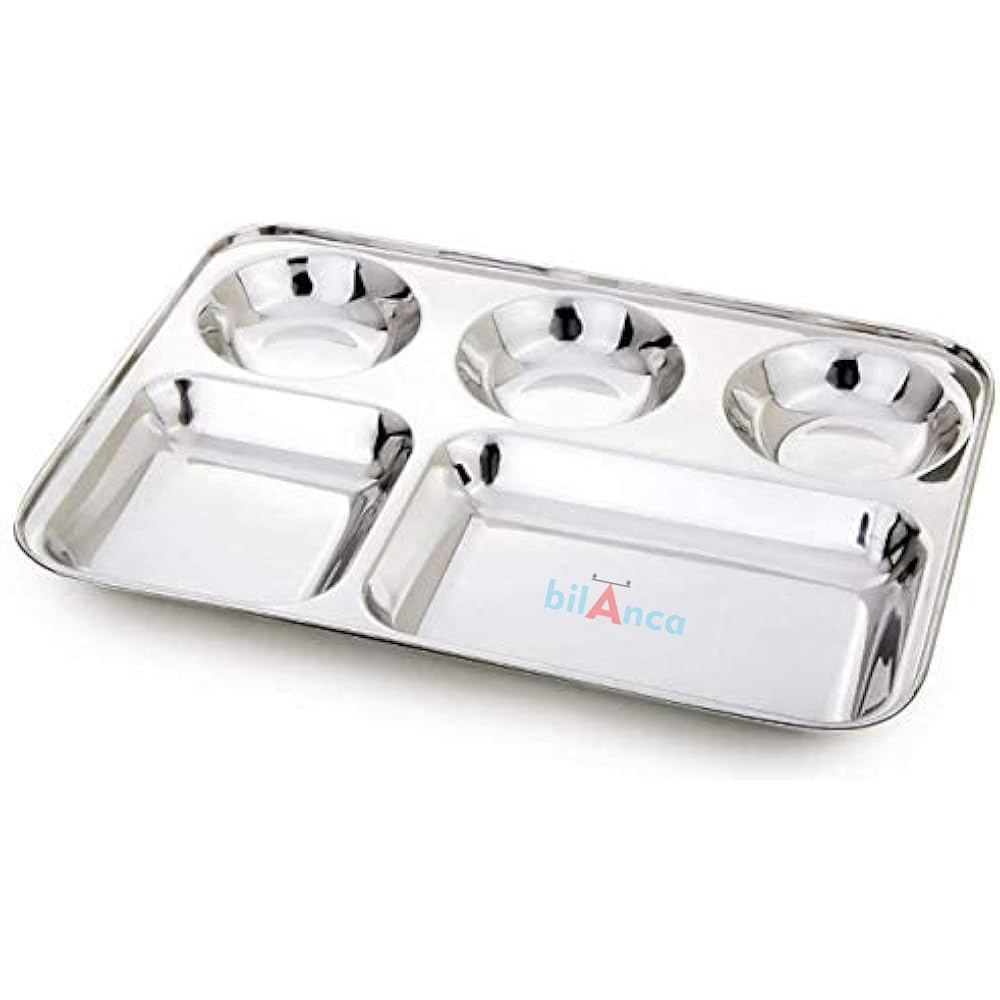Stainless Steel Dinner Compartment Plate Partition Thali Heavy Duty | 2 Sections Mess Trays | Camping | Events | Pav Bhaji Plate | 9" / 5" Inch (2 PARTITION_6 THALI)