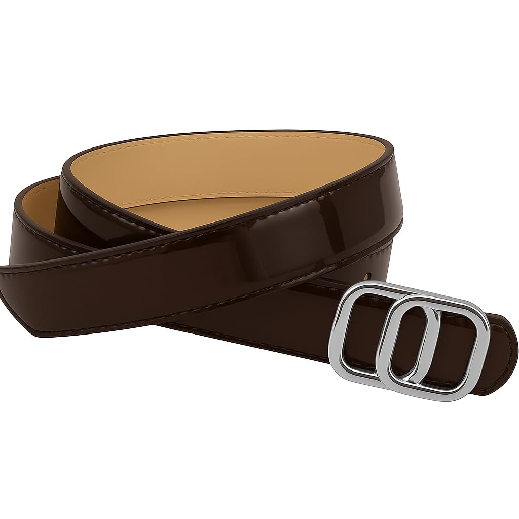 Women's Faux Leather Belt with Gold and Silver Designer Buckle, Slim Waist Belt, Fashion Accessory for Jeans and Dresses, 3cm Width, 42 Inch Lenghth