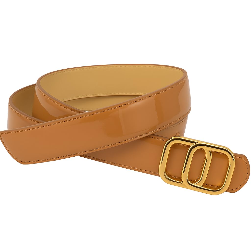 Women's Faux Leather Belt with Gold and Silver Designer Buckle, Slim Waist Belt, Fashion Accessory for Jeans and Dresses, 3cm Width, 42 Inch Lenghth