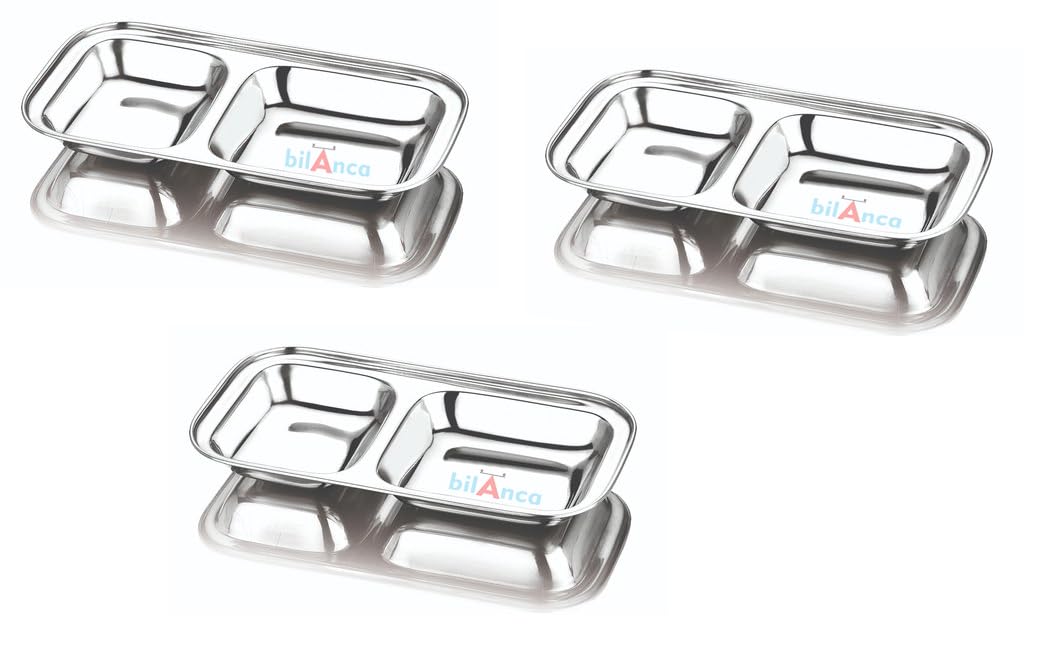 Stainless Steel Dinner Compartment Plate Partition Thali Heavy Duty | 2 Sections Mess Trays | Camping | Events | Pav Bhaji Plate | 9" / 5" Inch (2 PARTITION_6 THALI)