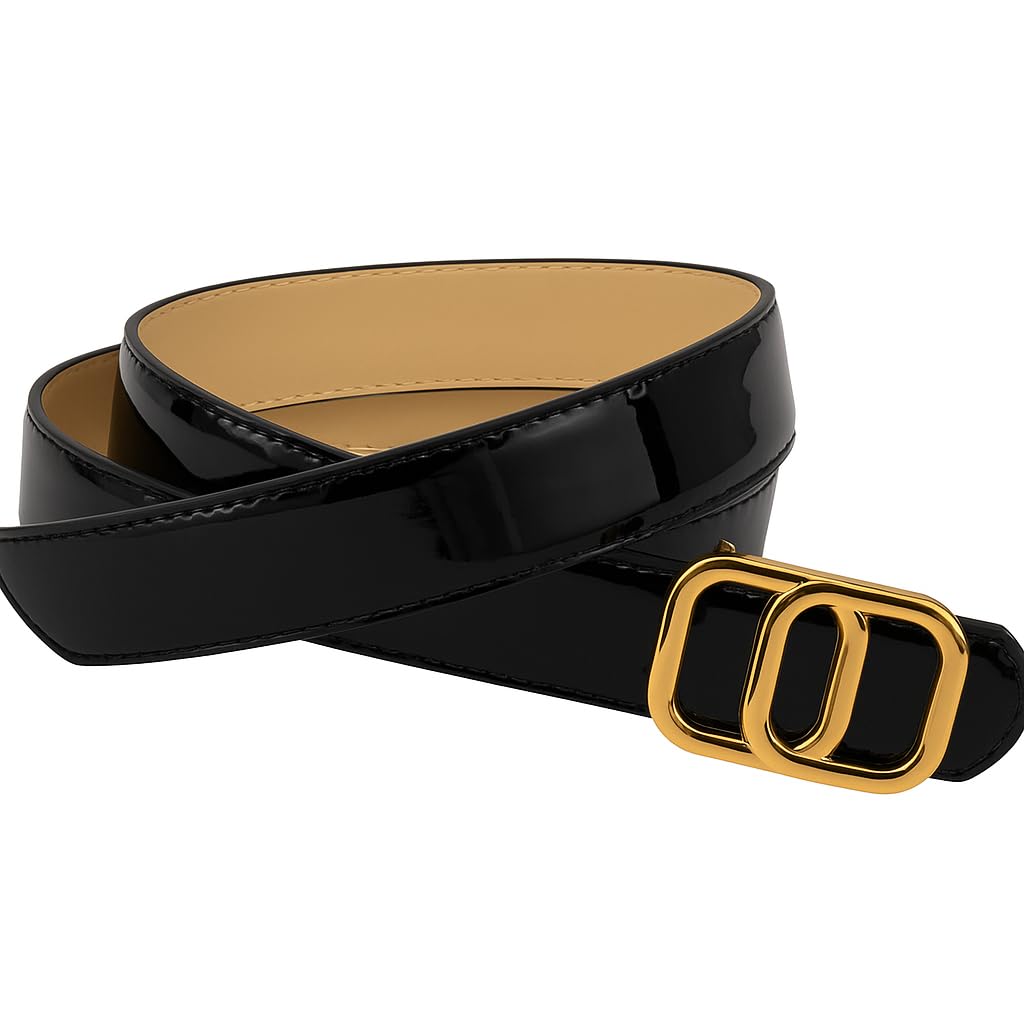 Women's Faux Leather Belt with Gold and Silver Designer Buckle, Slim Waist Belt, Fashion Accessory for Jeans and Dresses, 3cm Width, 42 Inch Lenghth