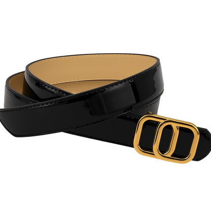 Women's Faux Leather Belt with Gold and Silver Designer Buckle, Slim Waist Belt, Fashion Accessory for Jeans and Dresses, 3cm Width, 42 Inch Lenghth