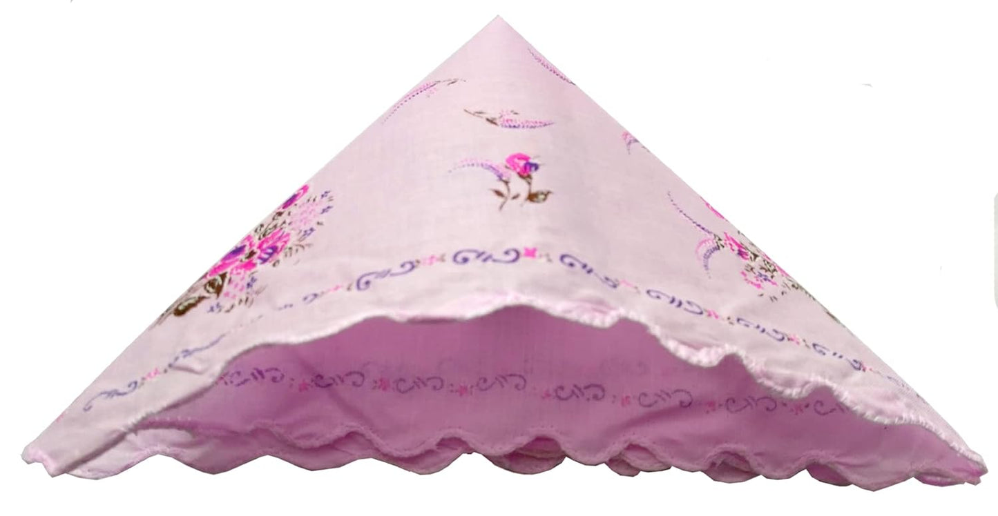 12 Pieces Large Size 13 x 13 inches Soft Pure 100% Cotton Flower Printed White Hankies Women Ladies Girls Lady Handkerchief | Random Design