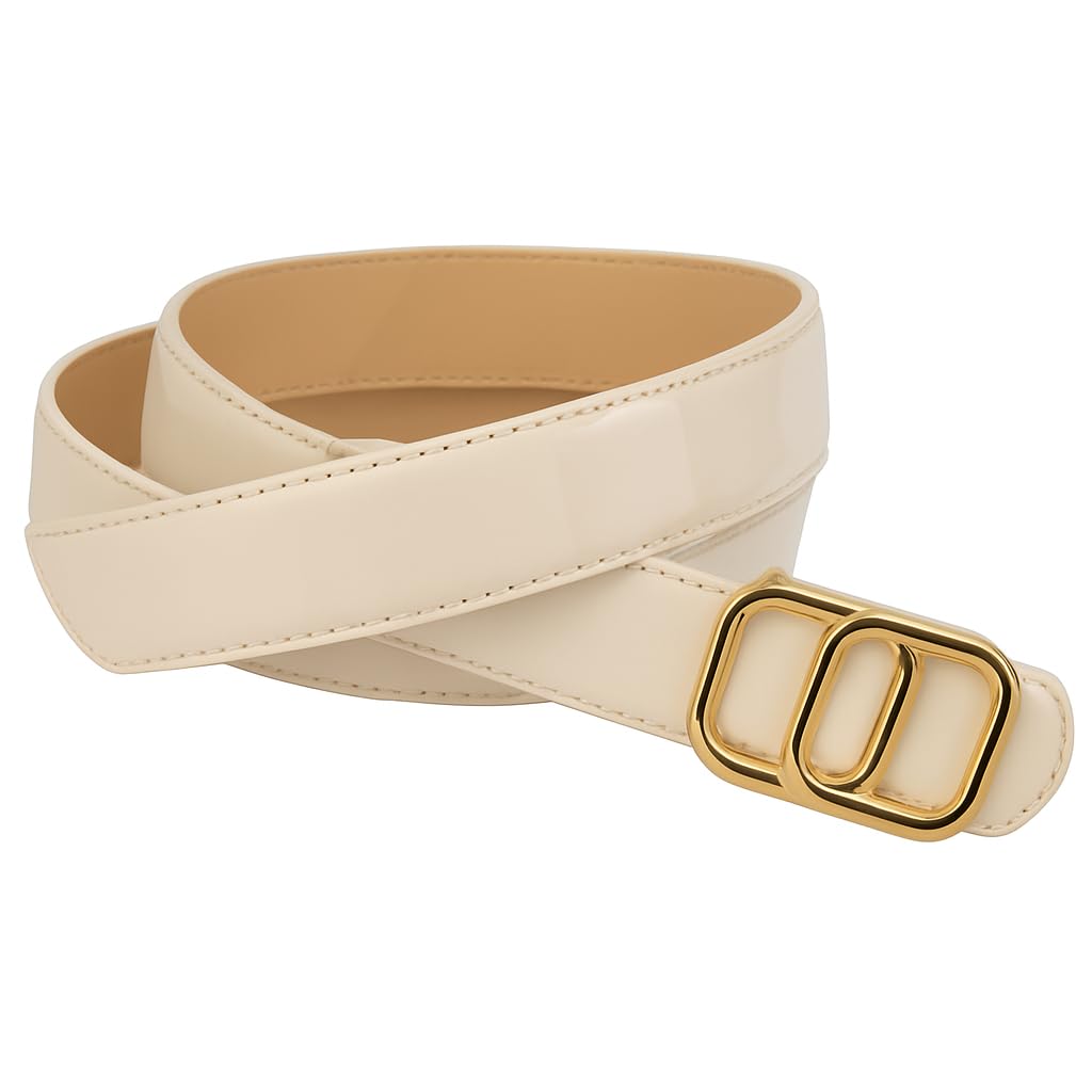 Women's Faux Leather Belt with Gold and Silver Designer Buckle, Slim Waist Belt, Fashion Accessory for Jeans and Dresses, 3cm Width, 42 Inch Lenghth