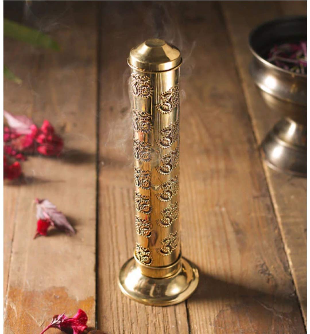 HIYA Brass Safety Incense Agarbatti Holder OM Aum Stand with Ash Catcher Size: 28 X 9 X 9 cm | Material: Brass (Thin Sheet) | Spiritual Lucky Yoga Decor