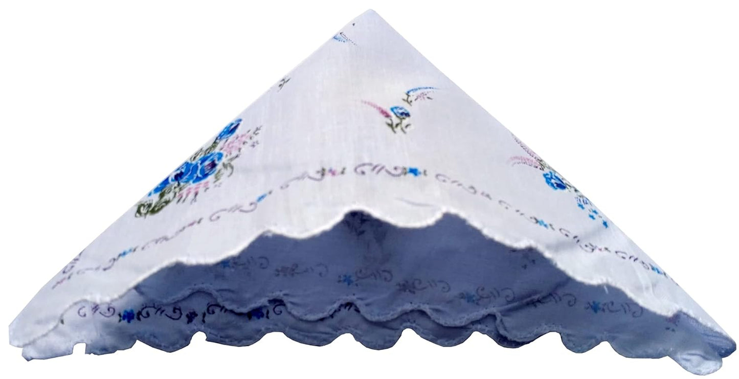 12 Pieces Large Size 13 x 13 inches Soft Pure 100% Cotton Flower Printed White Hankies Women Ladies Girls Lady Handkerchief | Random Design