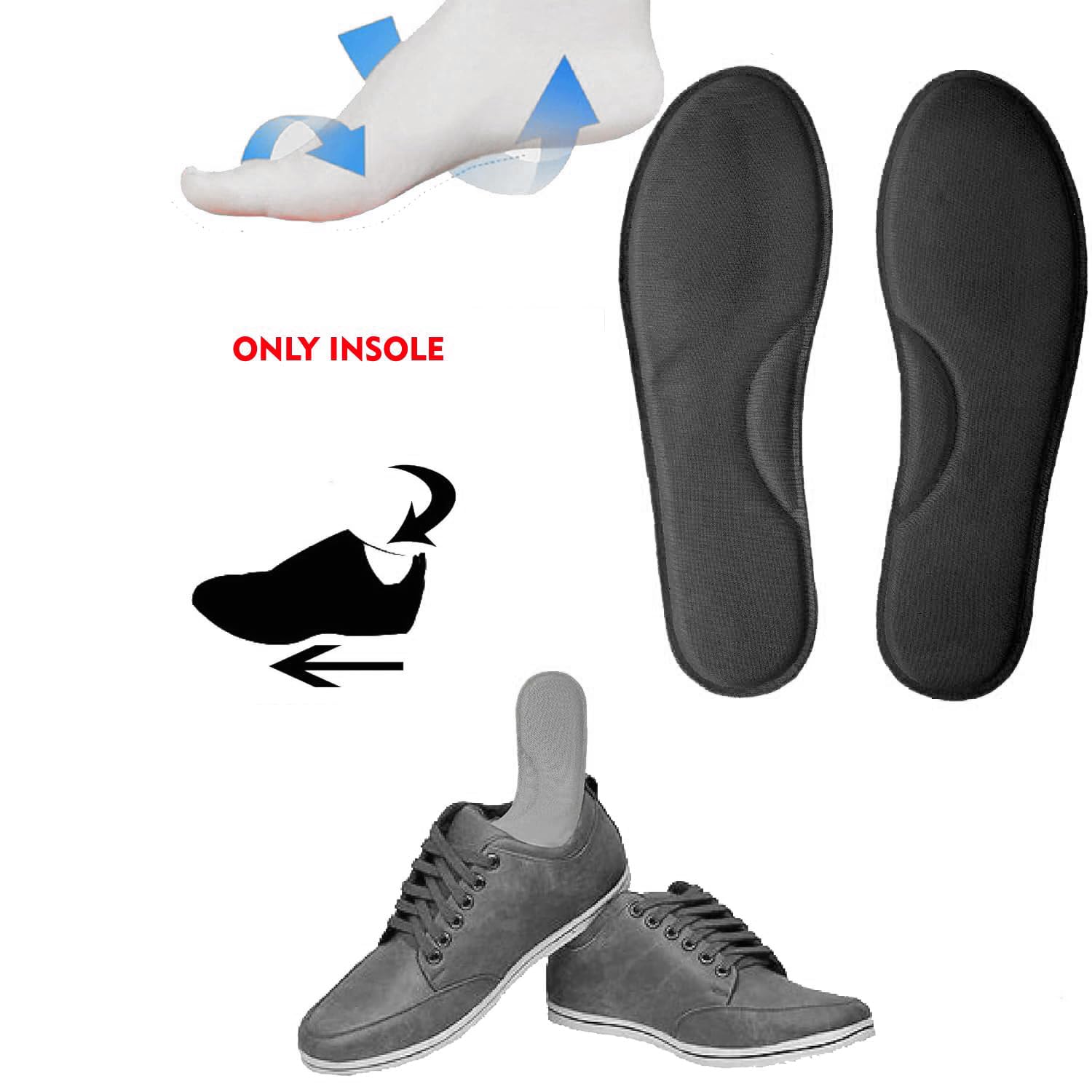 Memory Foam shoe Insoles Cushioned Insert Shoe Pad Arch Support Cushion Lightweight In sole Sneakers Sports Shoes, Casual Formal Shoes (Black, 6)