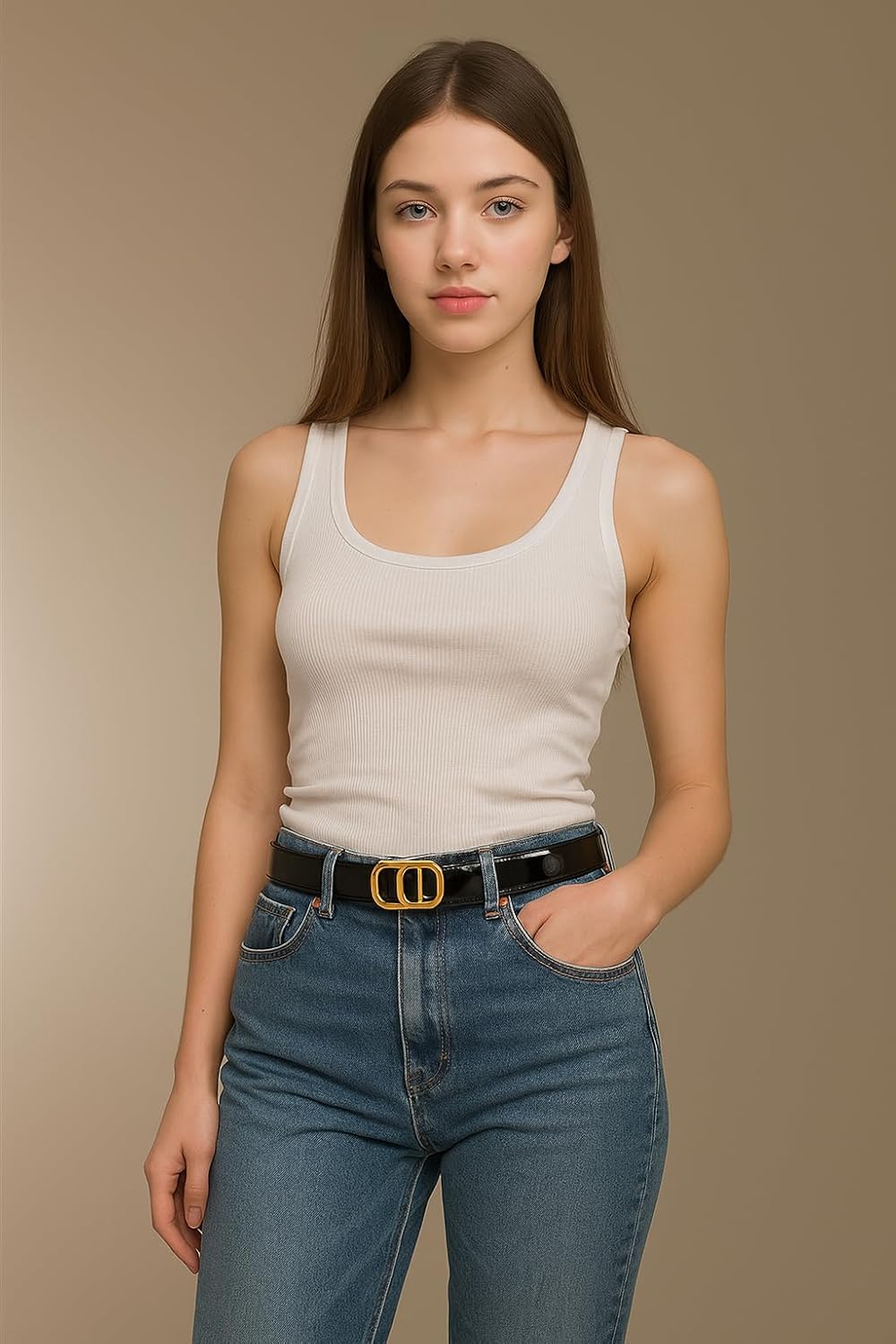 Women's Faux Leather Belt with Gold and Silver Designer Buckle, Slim Waist Belt, Fashion Accessory for Jeans and Dresses, 3cm Width, 42 Inch Lenghth