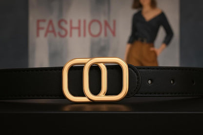 Women's Faux Leather Belt with Gold and Silver Designer Buckle, Slim Waist Belt, Fashion Accessory for Jeans and Dresses, 3cm Width, 42 Inch Lenghth