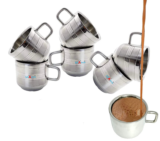 Stainless Steel Cup Set for Tea Coffee Heat Resistant | Double Wall | Tea Milk Cold Outside Hot Inside (6 Cup DOUBLEWALL)