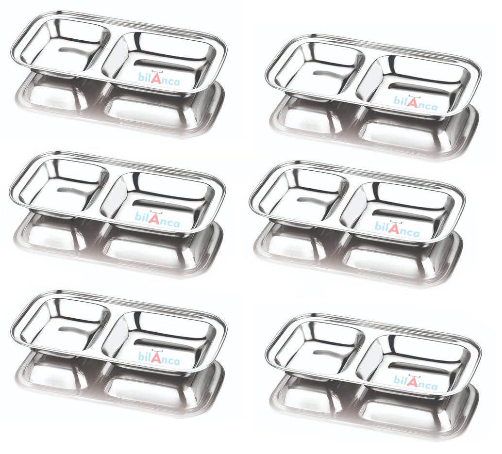 Stainless Steel Dinner Compartment Plate Partition Thali Heavy Duty | 2 Sections Mess Trays | Camping | Events | Pav Bhaji Plate | 9" / 5" Inch (2 PARTITION_6 THALI)