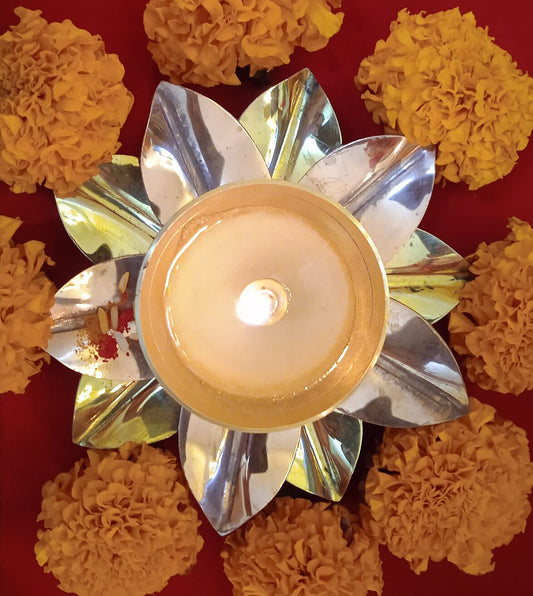 Brass and Copper Kamal Lotus Diya Laxmi Kuber Kamal On Stand (Lotus Diya)