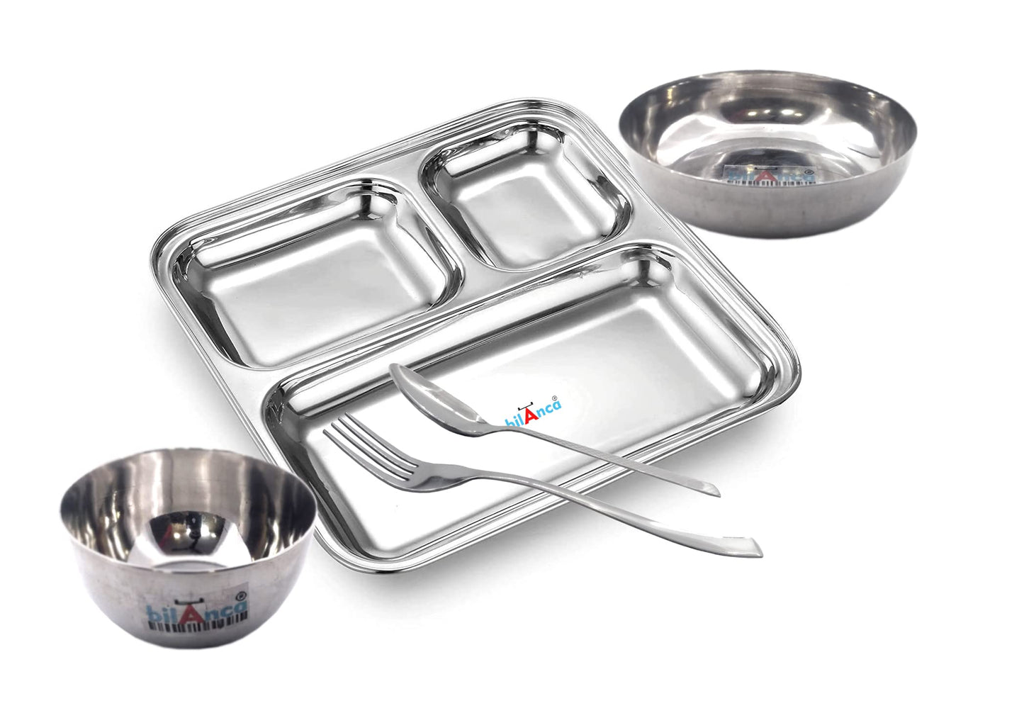 Stainless Steel Dinner Compartment Plate Partition Thali Heavy Duty | 2 Sections Mess Trays | Camping | Events | Pav Bhaji Plate | 9" / 5" Inch (2 PARTITION_6 THALI)