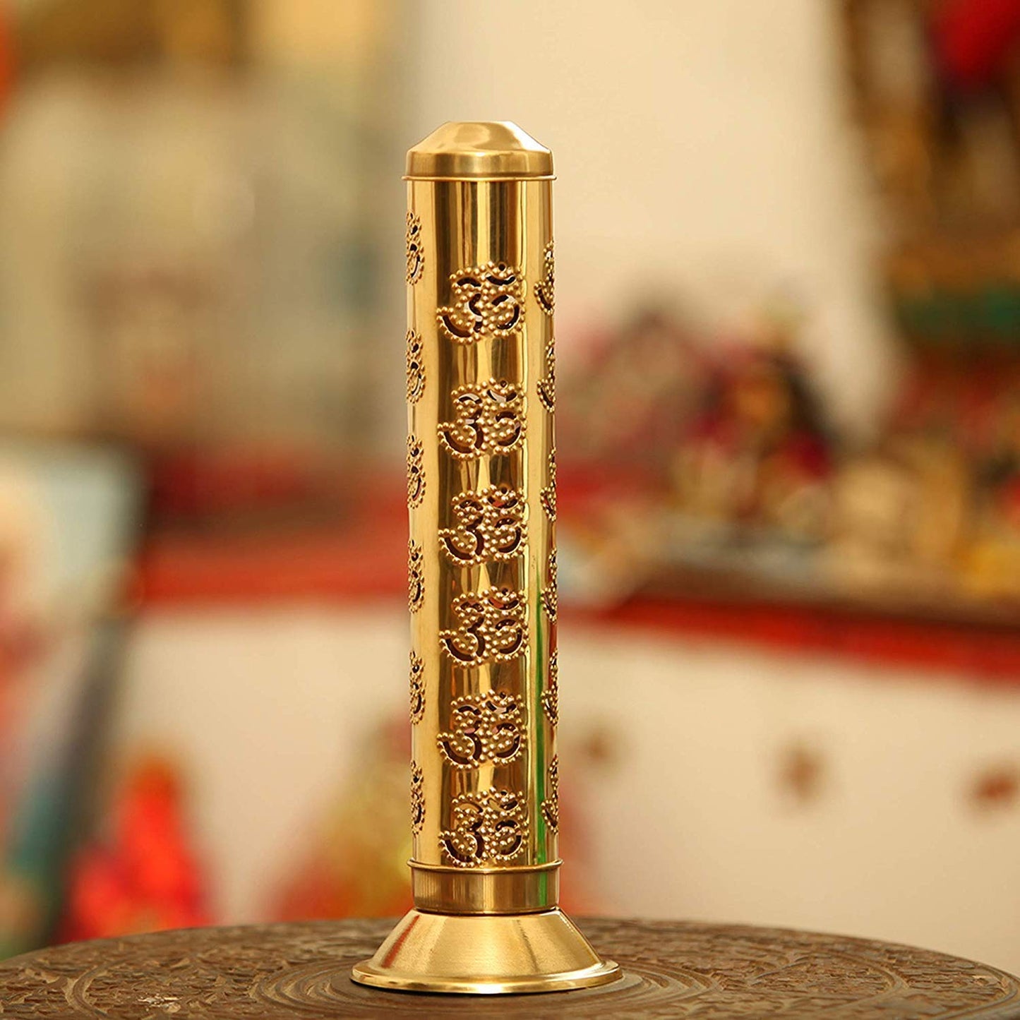 HIYA Brass Safety Incense Agarbatti Holder OM Aum Stand with Ash Catcher Size: 28 X 9 X 9 cm | Material: Brass (Thin Sheet) | Spiritual Lucky Yoga Decor