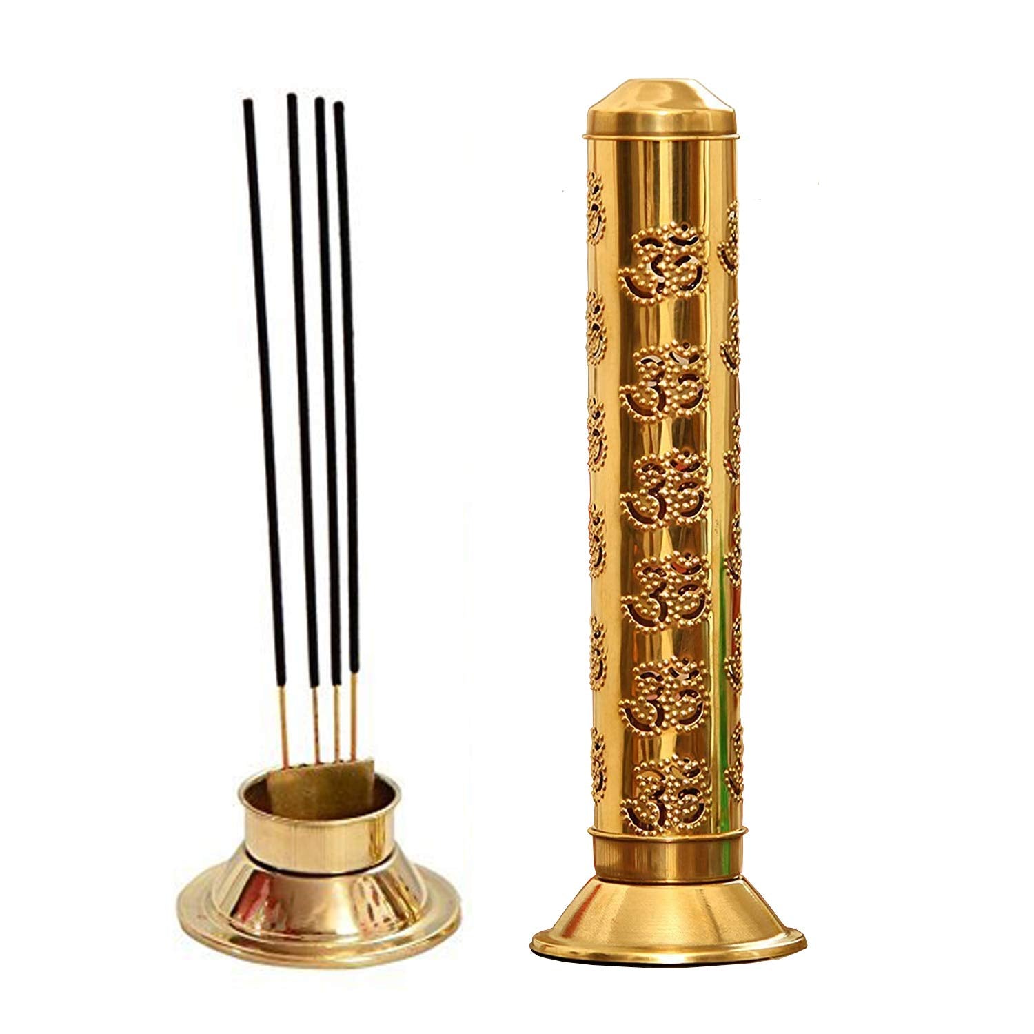 HIYA Brass Safety Incense Agarbatti Holder OM Aum Stand with Ash Catcher Size: 28 X 9 X 9 cm | Material: Brass (Thin Sheet) | Spiritual Lucky Yoga Decor