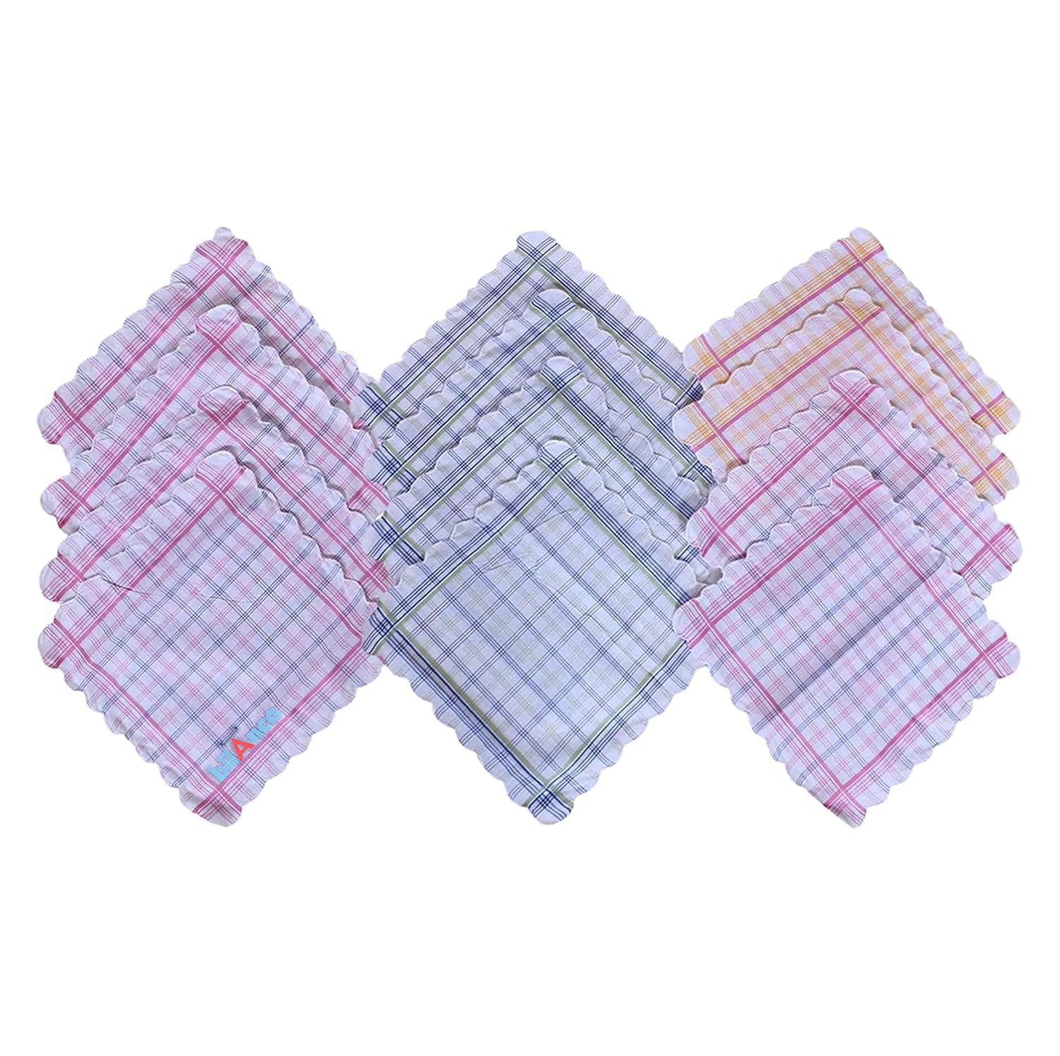 Women Hanky Big Size 30x30 CMS Set of 12 Pieces Soft Pure Cotton Checkered Printed Color Hankies Ladies Girls Kids Handkerchief (12)
