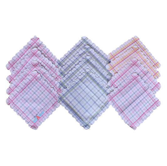 Women Hanky Big Size 30x30 CMS Set of 12 Pieces Soft Pure Cotton Checkered Printed Color Hankies Ladies Girls Kids Handkerchief (12)