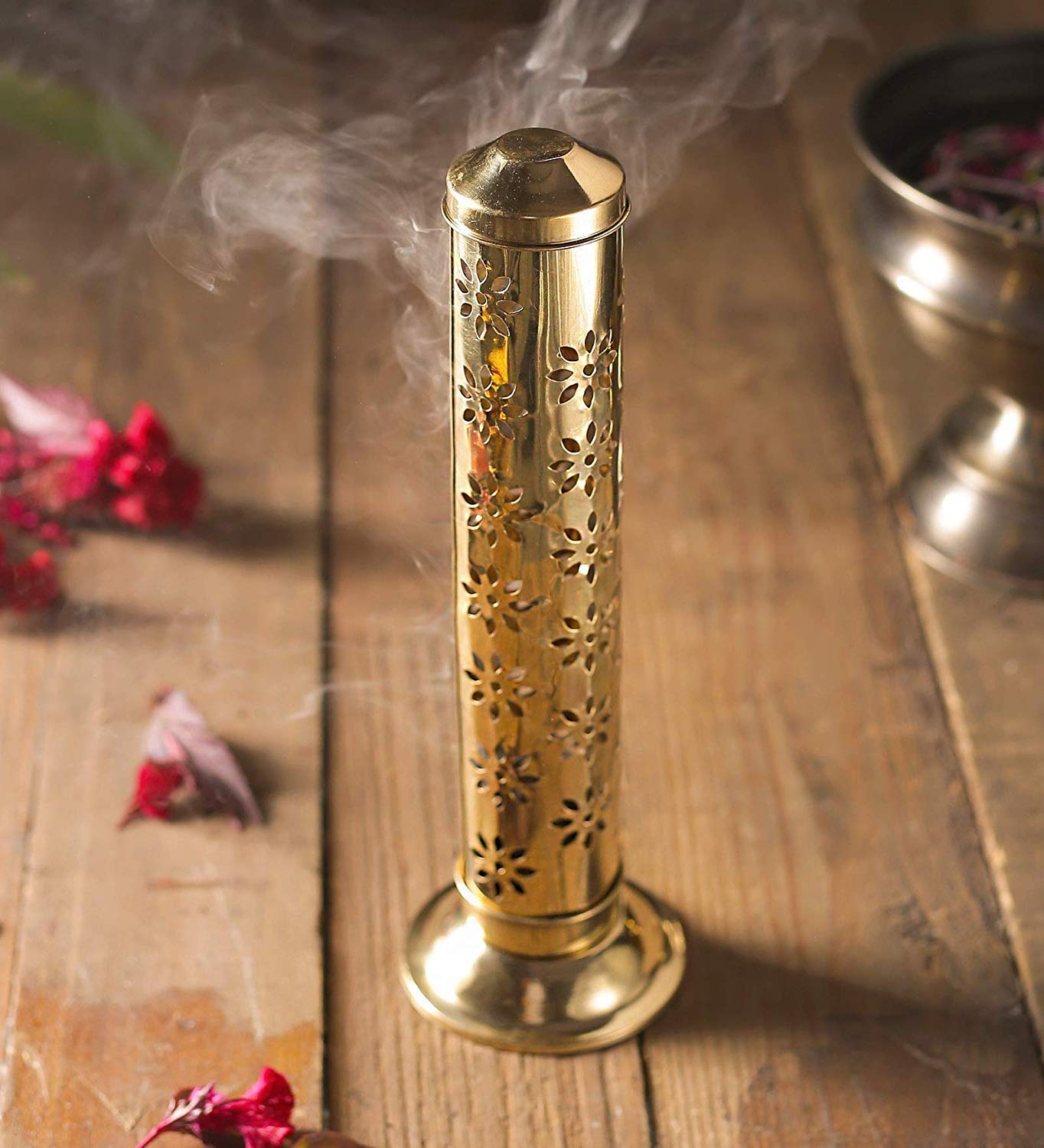 HIYA Brass Safety Incense Agarbatti Holder OM Aum Stand with Ash Catcher Size: 28 X 9 X 9 cm | Material: Brass (Thin Sheet) | Spiritual Lucky Yoga Decor