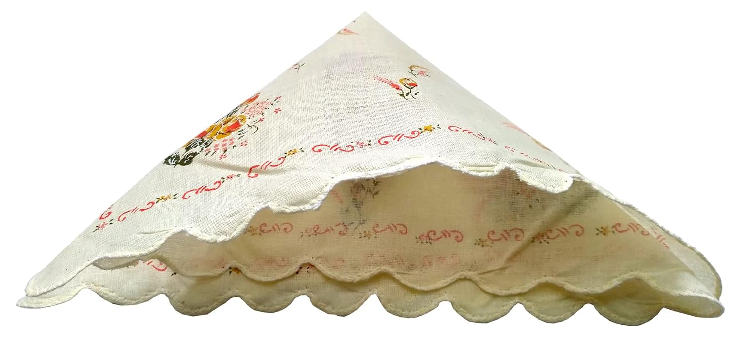 12 Pieces Large Size 13 x 13 inches Soft Pure 100% Cotton Flower Printed White Hankies Women Ladies Girls Lady Handkerchief | Random Design