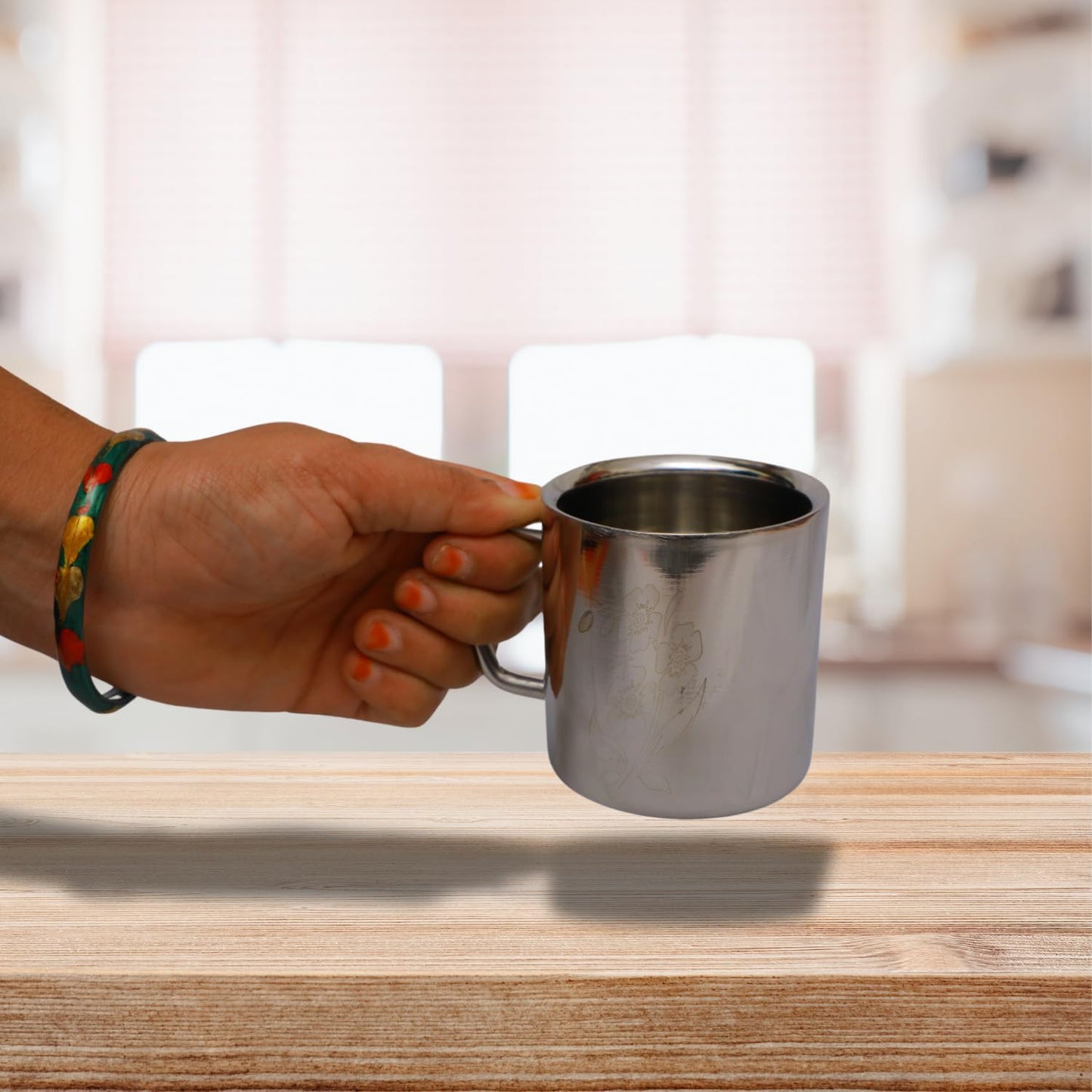 Stainless Steel Cup Saucer Plate Spoon Set for Tea Coffee Heat Resistant | Double Wall | Tea Milk Cold Outside Hot Inside (2 Big Cup DOUBLEWALL)