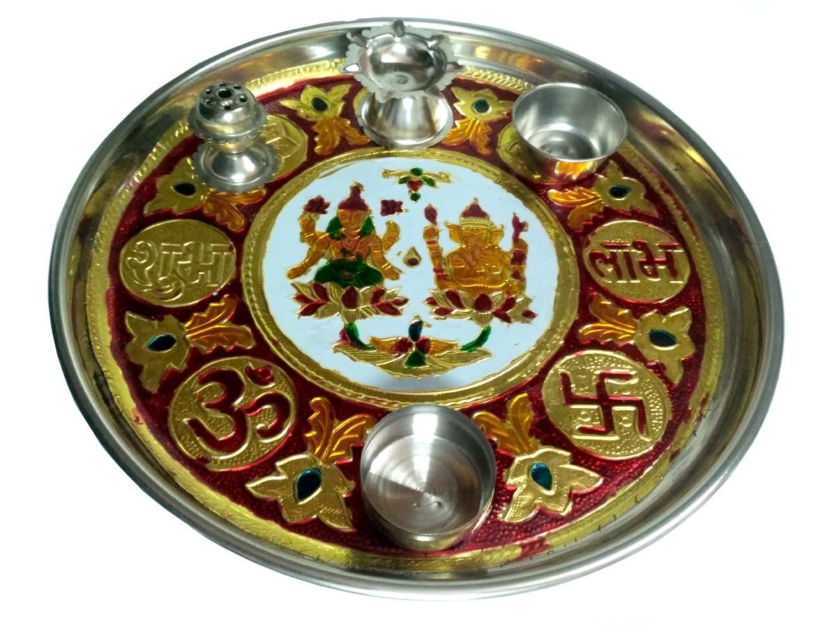 Pooja Thali Set Handcrafted Handmade Decorative Sticker Meenakari Ganapati Swastik Designer Festival Ethnic Stainless Steel 10 In, Multicolour (Pooja Thali) (PRINTED_STICKER_SIZE_10)
