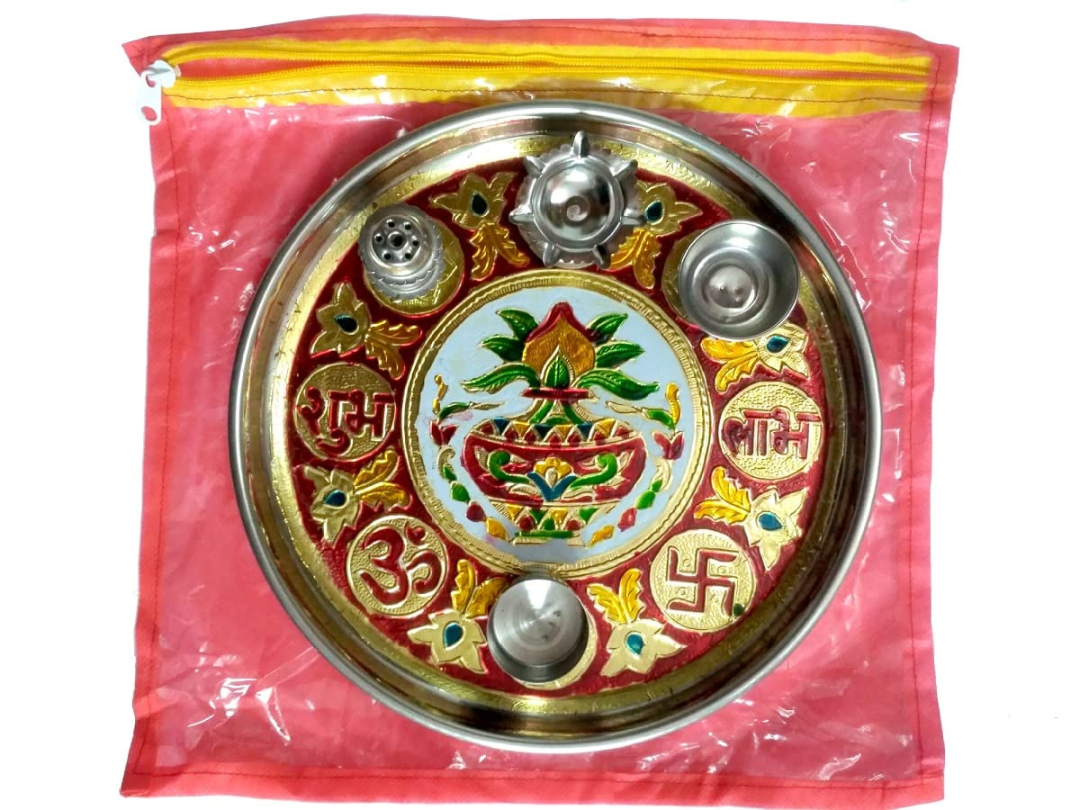 Pooja Thali Set Handcrafted Handmade Decorative Sticker Meenakari Ganapati Swastik Designer Festival Ethnic Stainless Steel 10 In, Multicolour (Pooja Thali) (PRINTED_STICKER_SIZE_10)