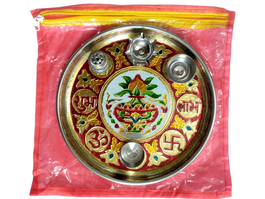 Pooja Thali Set Handcrafted Handmade Decorative Sticker Meenakari Ganapati Swastik Designer Festival Ethnic Stainless Steel 10 In, Multicolour (Pooja Thali) (PRINTED_STICKER_SIZE_10)