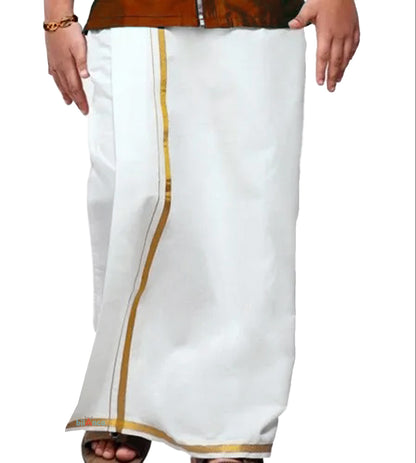 bilAnca White Pure Cotton Single Dhoti for Men with Gold Border | Traditional Wedding, Pooja & Festival Wear | Comfortable, Breathable & Lightweight Ethnic Dhoti (Cotton Blend, 2 Meter)