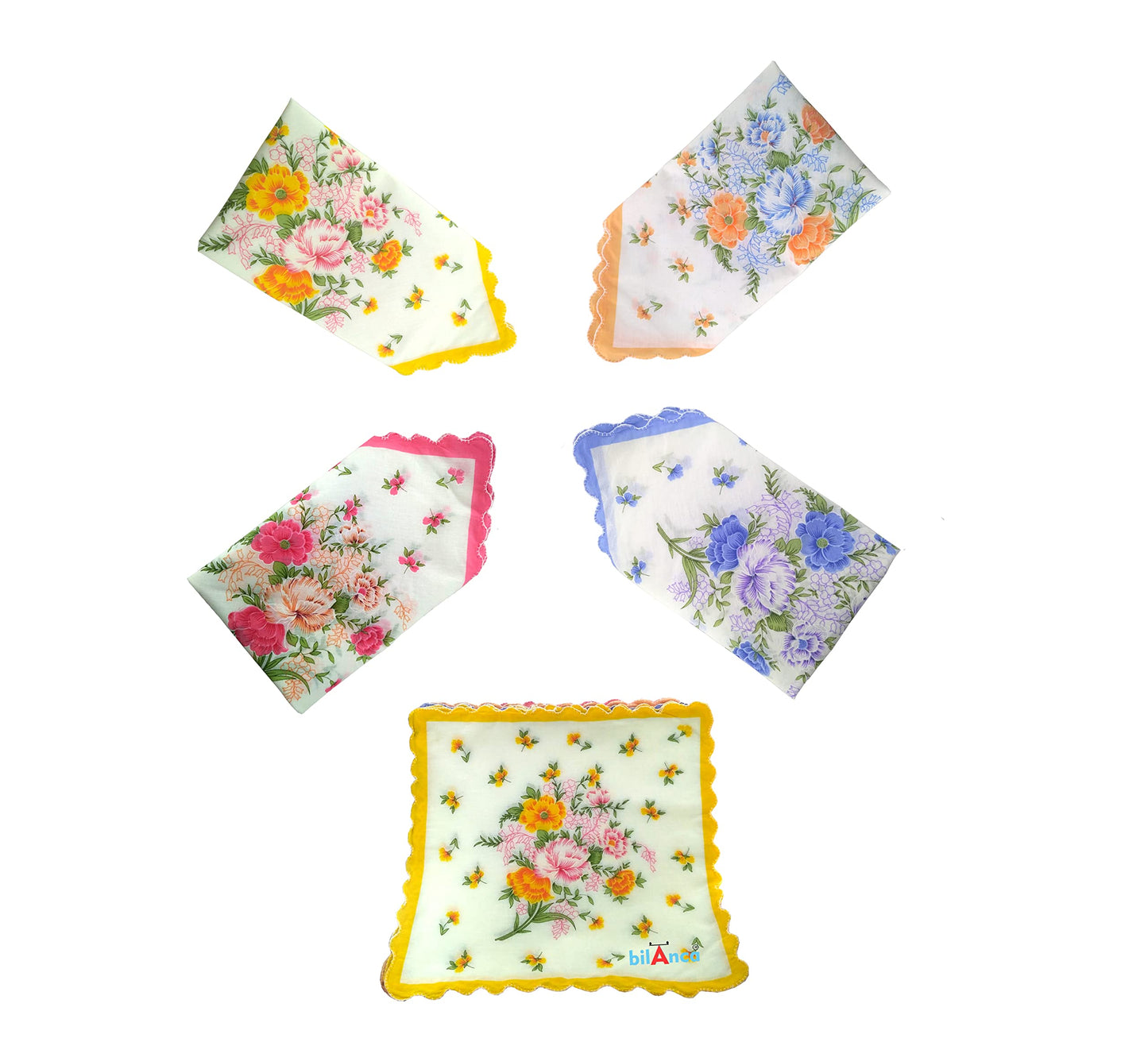 12 Pieces Large Size 13 x 13 inches Soft Pure 100% Cotton Flower Printed White Hankies Women Ladies Girls Lady Handkerchief | Random Design