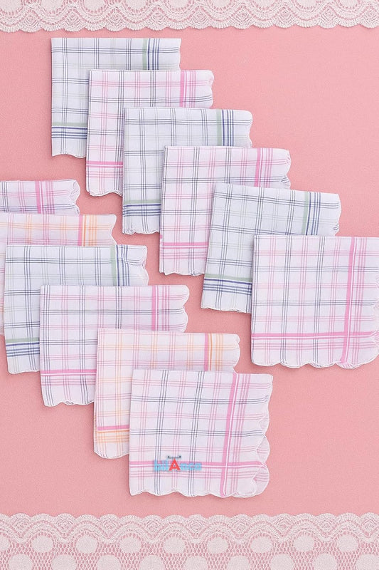Women Hanky Big Size 30x30 CMS Set of 12 Pieces Soft Pure Cotton Checkered Printed Color Hankies Ladies Girls Kids Handkerchief (12)