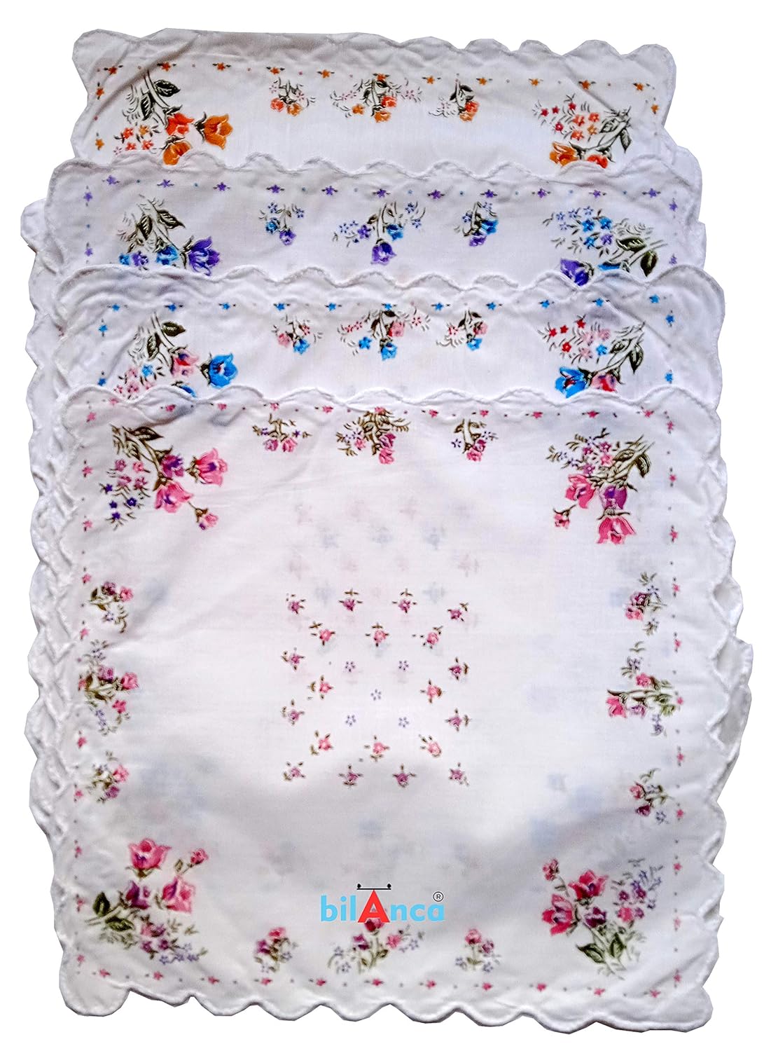 100% Cotton Women White Handkerchief Hanky Hankies 12 Pieces Set Large Size 13 X 13 (33 x 33 CMS) Soft Flower Printed Hankies Ladies Hand kerchief (Random Designs)