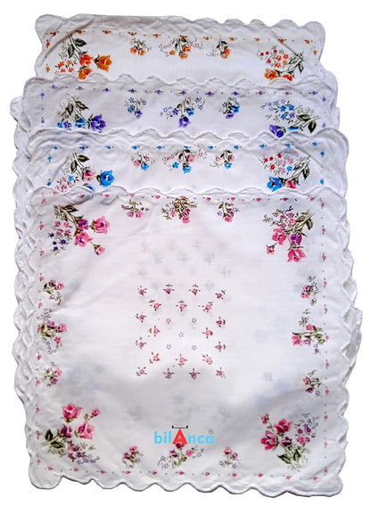 100% Cotton Women White Handkerchief Hanky Hankies 12 Pieces Set Large Size 13 X 13 (33 x 33 CMS) Soft Flower Printed Hankies Ladies Hand kerchief (Random Designs)