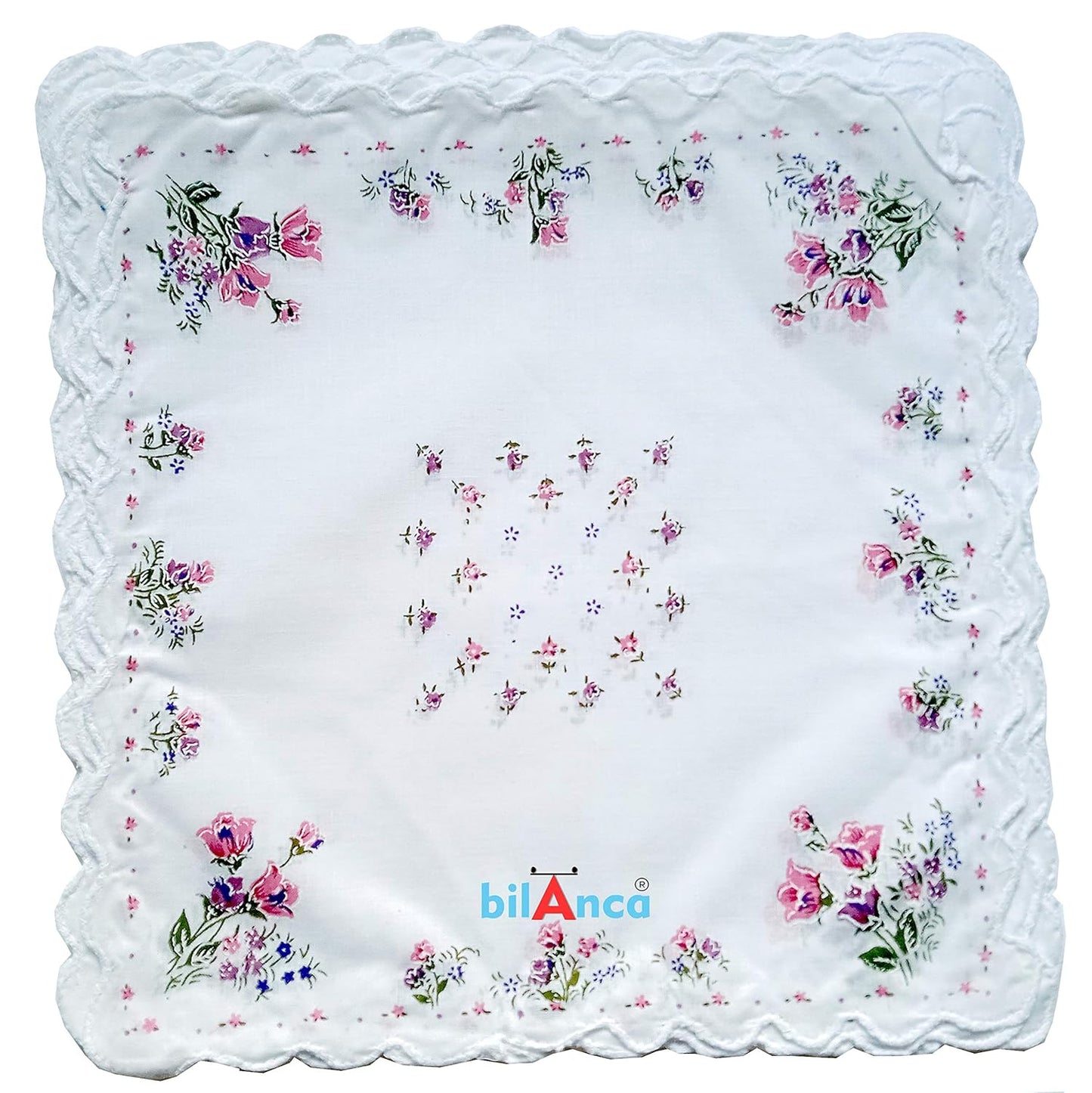 100% Cotton Women White Handkerchief Hanky Hankies 12 Pieces Set Large Size 13 X 13 (33 x 33 CMS) Soft Flower Printed Hankies Ladies Hand kerchief (Random Designs)