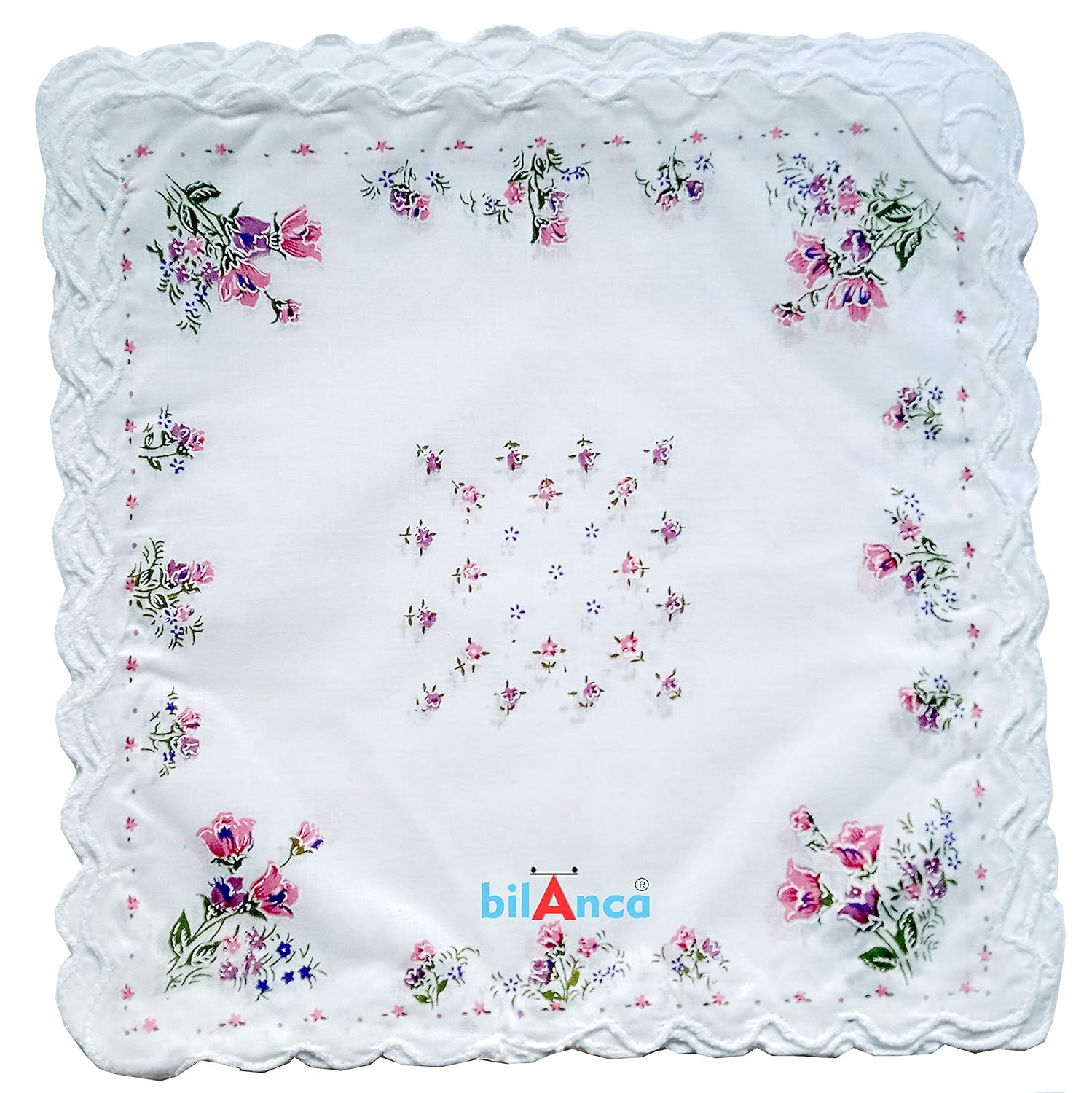 100% Cotton Women White Handkerchief Hanky Hankies 12 Pieces Set Large Size 13 X 13 (33 x 33 CMS) Soft Flower Printed Hankies Ladies Hand kerchief (Random Designs)