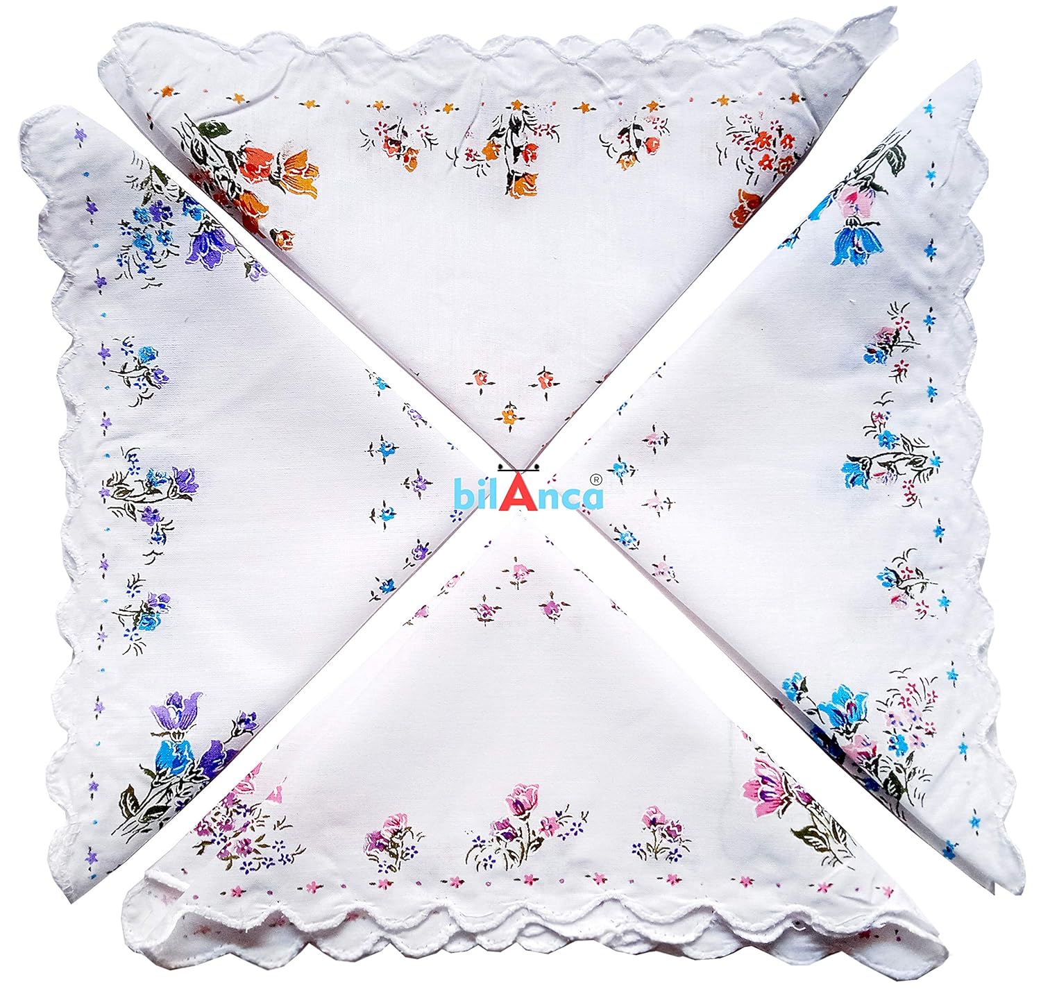 100% Cotton Women White Handkerchief Hanky Hankies 12 Pieces Set Large Size 13 X 13 (33 x 33 CMS) Soft Flower Printed Hankies Ladies Hand kerchief (Random Designs)