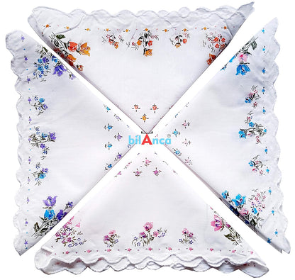 100% Cotton Women White Handkerchief Hanky Hankies 12 Pieces Set Large Size 13 X 13 (33 x 33 CMS) Soft Flower Printed Hankies Ladies Hand kerchief (Random Designs)