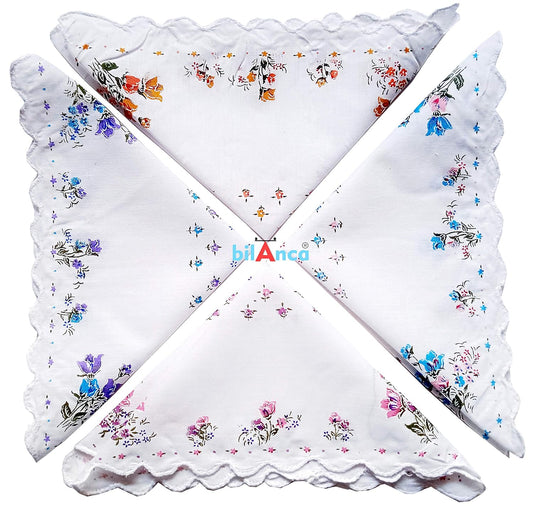 100% Cotton Women White Handkerchief Hanky Hankies 12 Pieces Set Large Size 13 X 13 (33 x 33 CMS) Soft Flower Printed Hankies Ladies Hand kerchief (Random Designs)